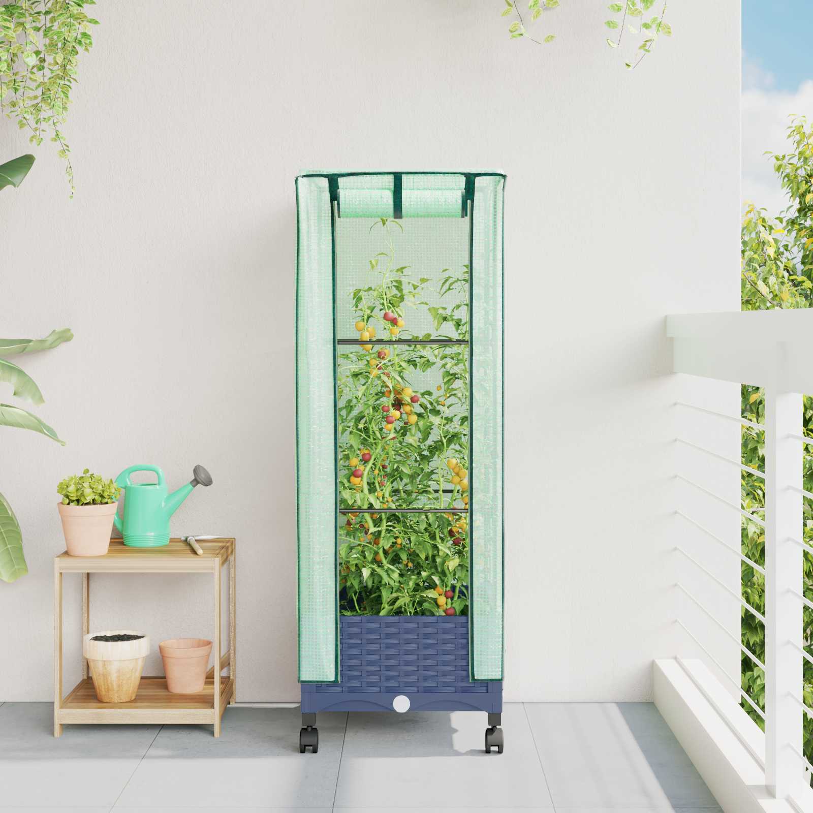 Vaso da Giardino con Copertura per Serra e Ruote Blu Grigio PP | homemem39