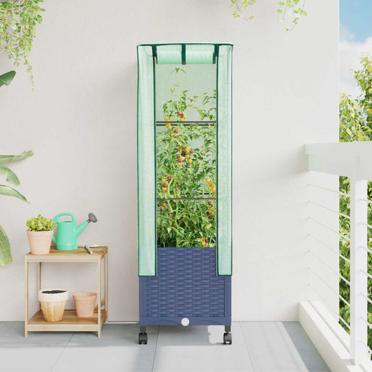 Vaso da Giardino con Copertura per Serra e Ruote Blu Grigio PP