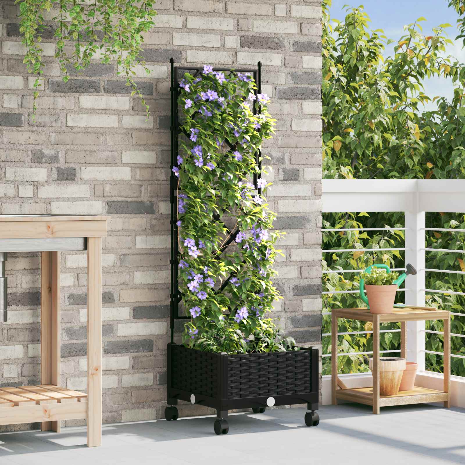 Vaso da giardino con grigliato e ruote Nero 40 x 40 x 131,5 cm | homemem39