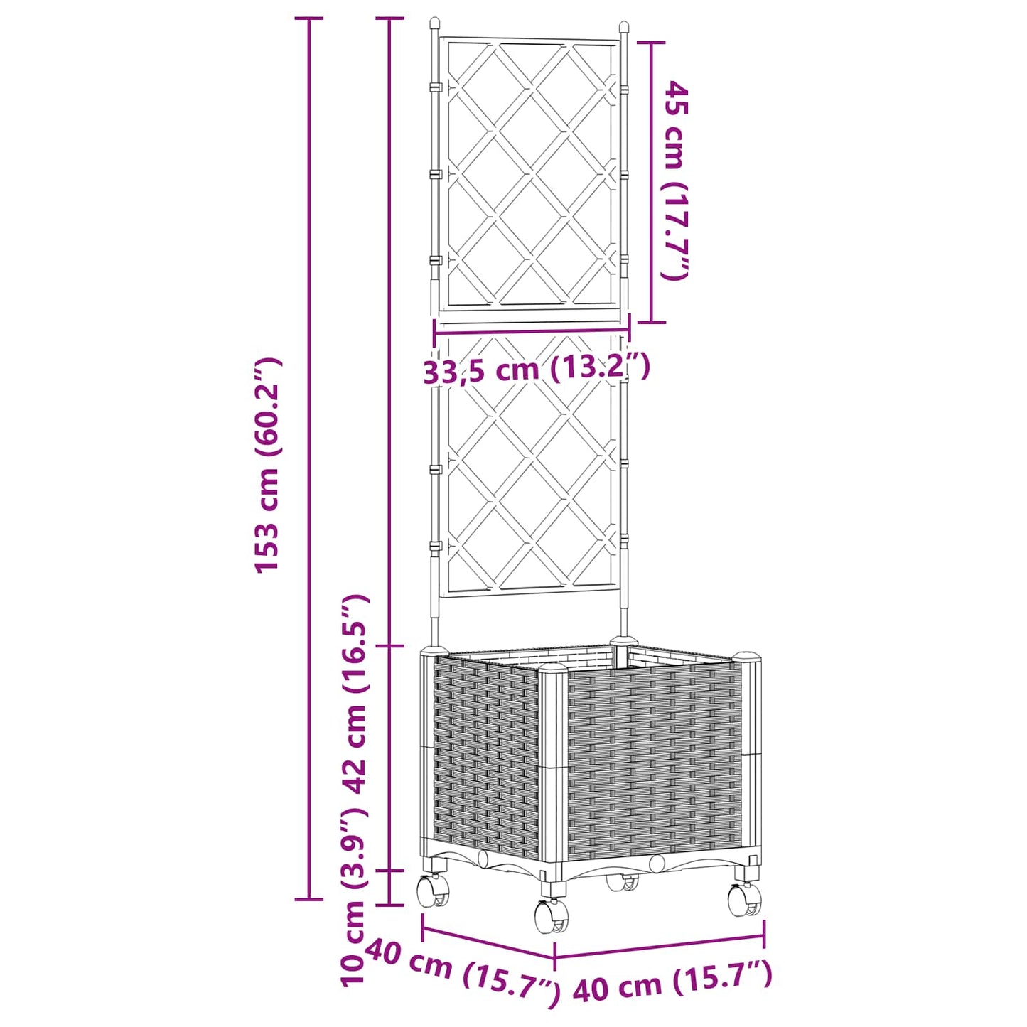 Vaso da giardino con grigliato e ruote Grigio 40 x 40 x 149 cm | homemem39