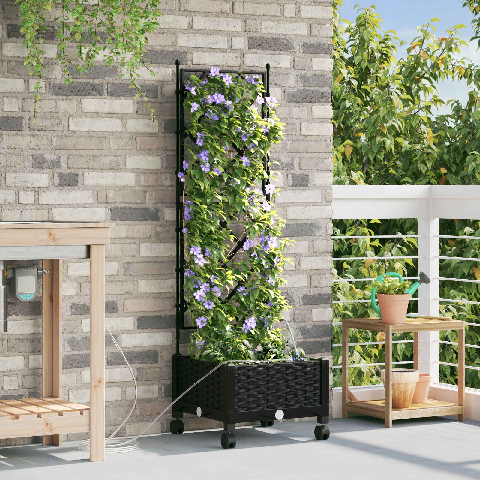 Vaso da Giardino con Irrigazione e Ruote Nero 40 x 40 x 132 cm | homemem39