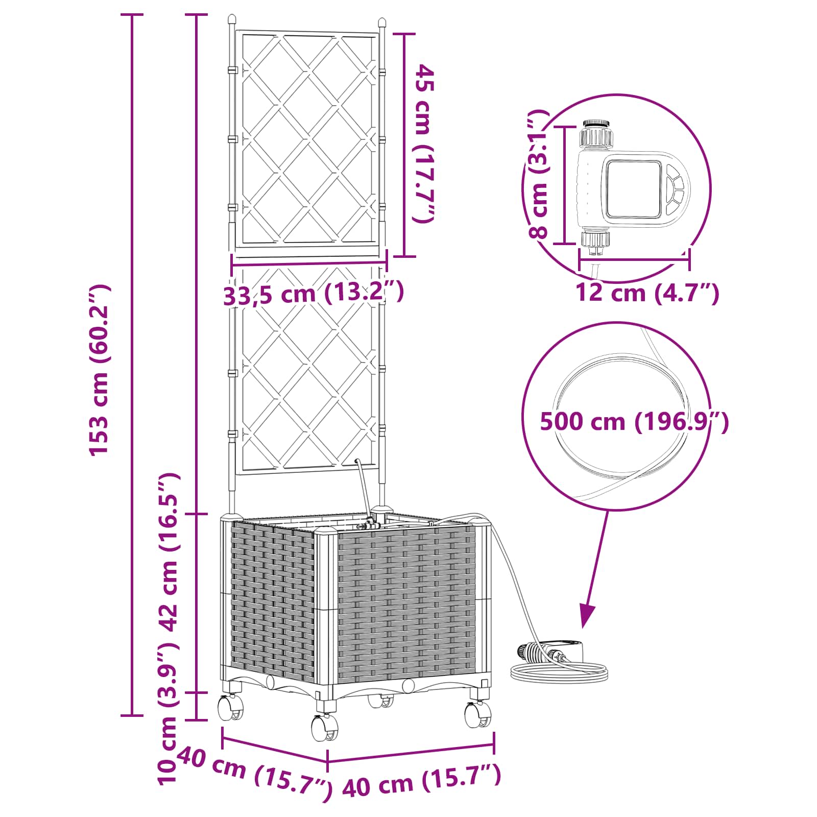 Vaso da Giardino con Irrigazione e Ruote Nero 40 x 40 x 148 cm | homemem39