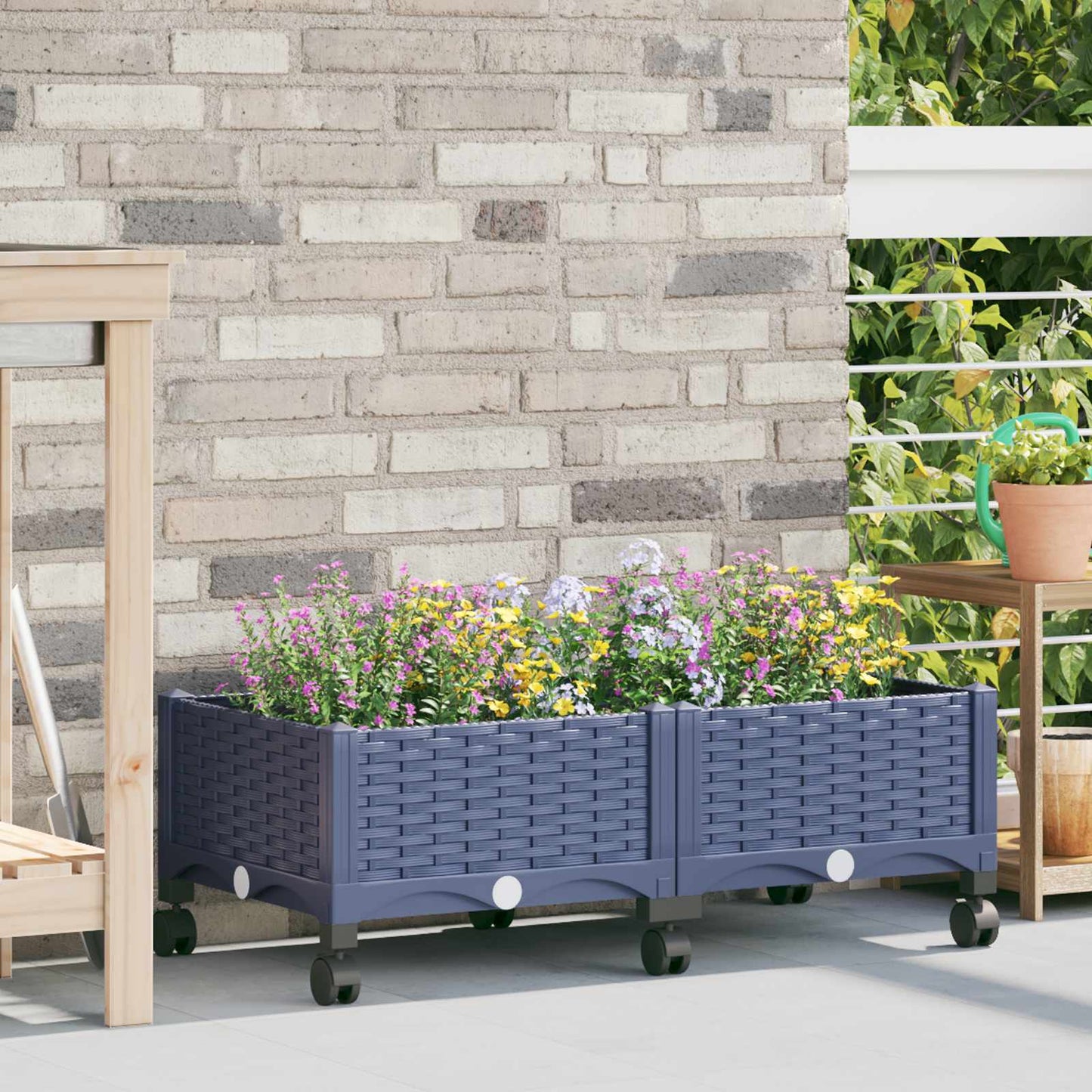 Vaso da Giardino con Ruote Blu Grigio 80 x 40 x 33 cm PP | homemem39