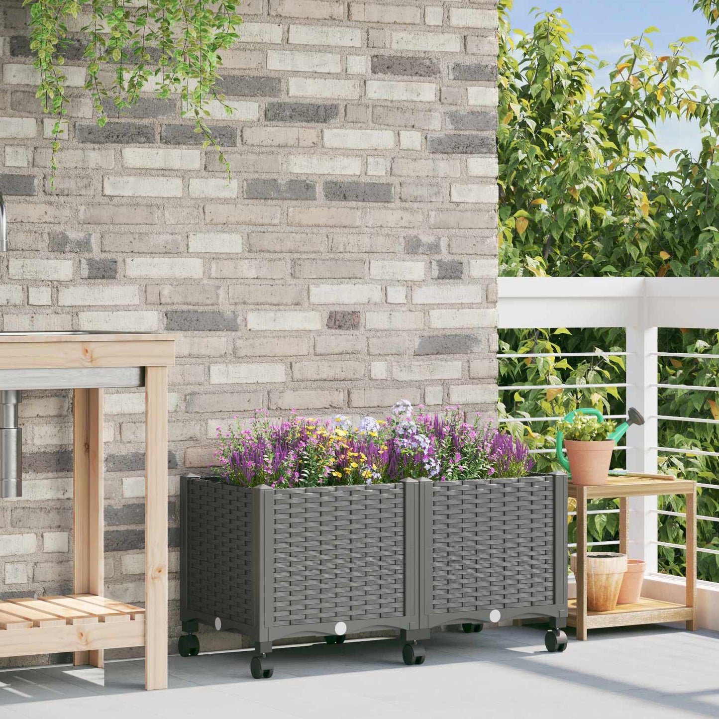 Vaso da Giardino con Ruote Grigio Chiaro 80 x 40 x 48 cm PP | homemem39