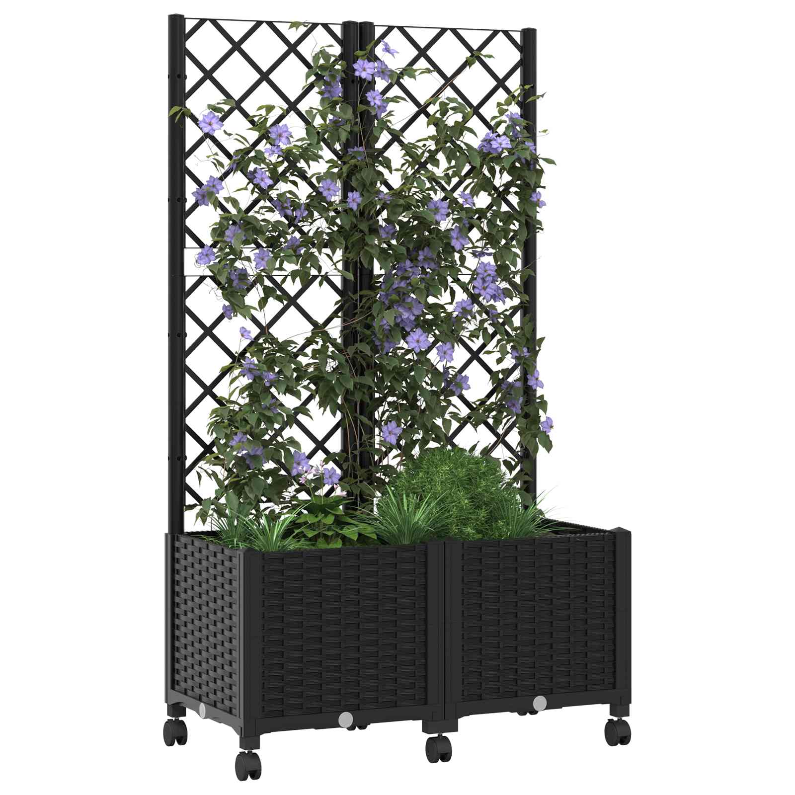 Vaso da giardino con grigliato e ruote Nero 80 x 40 x 146 cm PP | homemem39