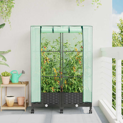 Vaso da Giardino con Copertura per Serra e Ruote 2 pz Nero PP | homemem39