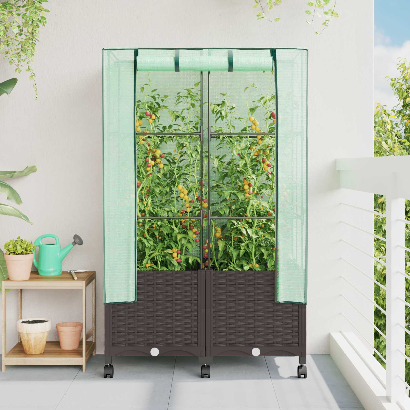 Vaso da Giardino con Copertura per Serra e Ruote 2 pz Marrone | homemem39
