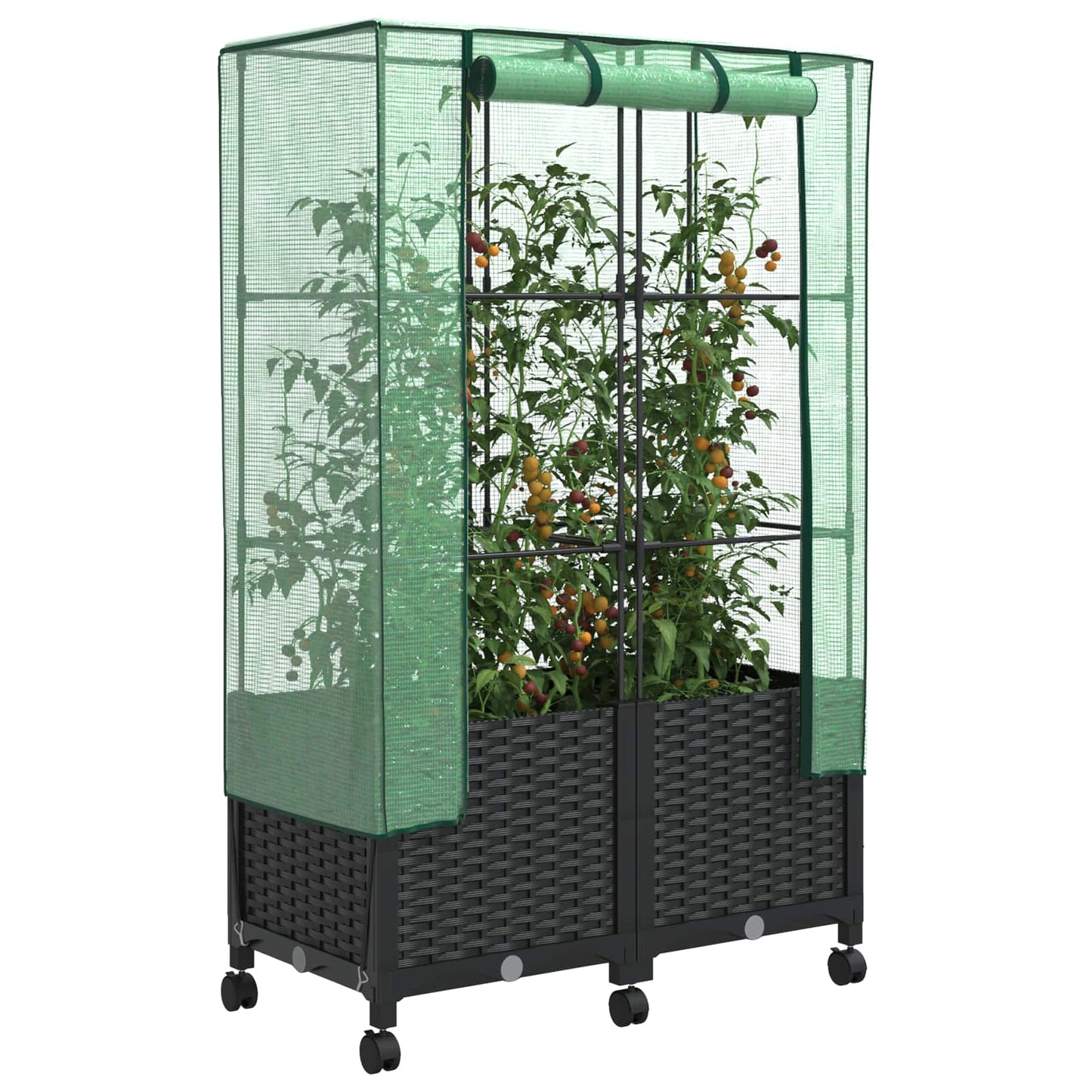 Vaso da Giardino con Copertura per Serra e Ruote 2 pz Nero PP | homemem39