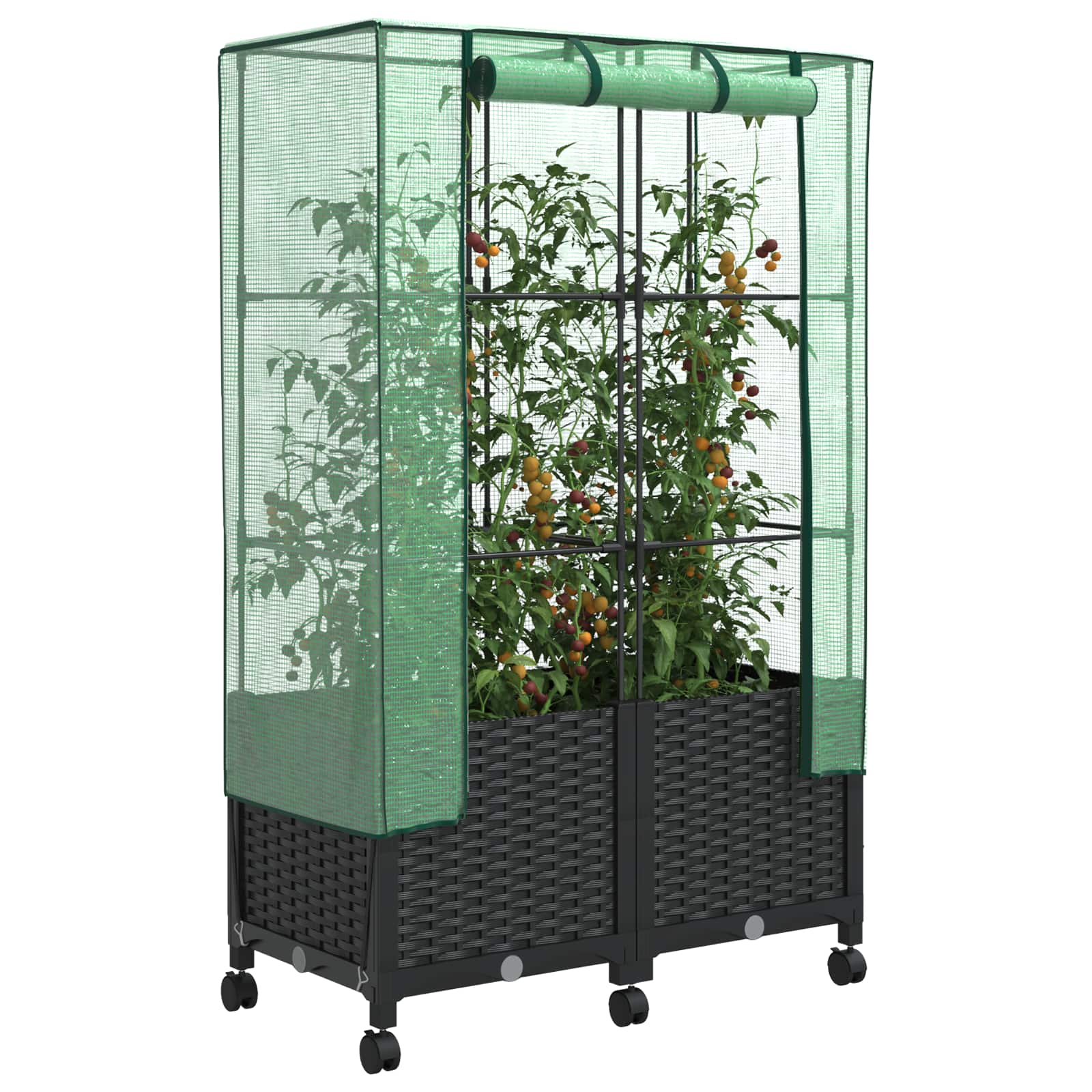 Vaso da Giardino con Copertura per Serra e Ruote 2 pz Nero PP | homemem39