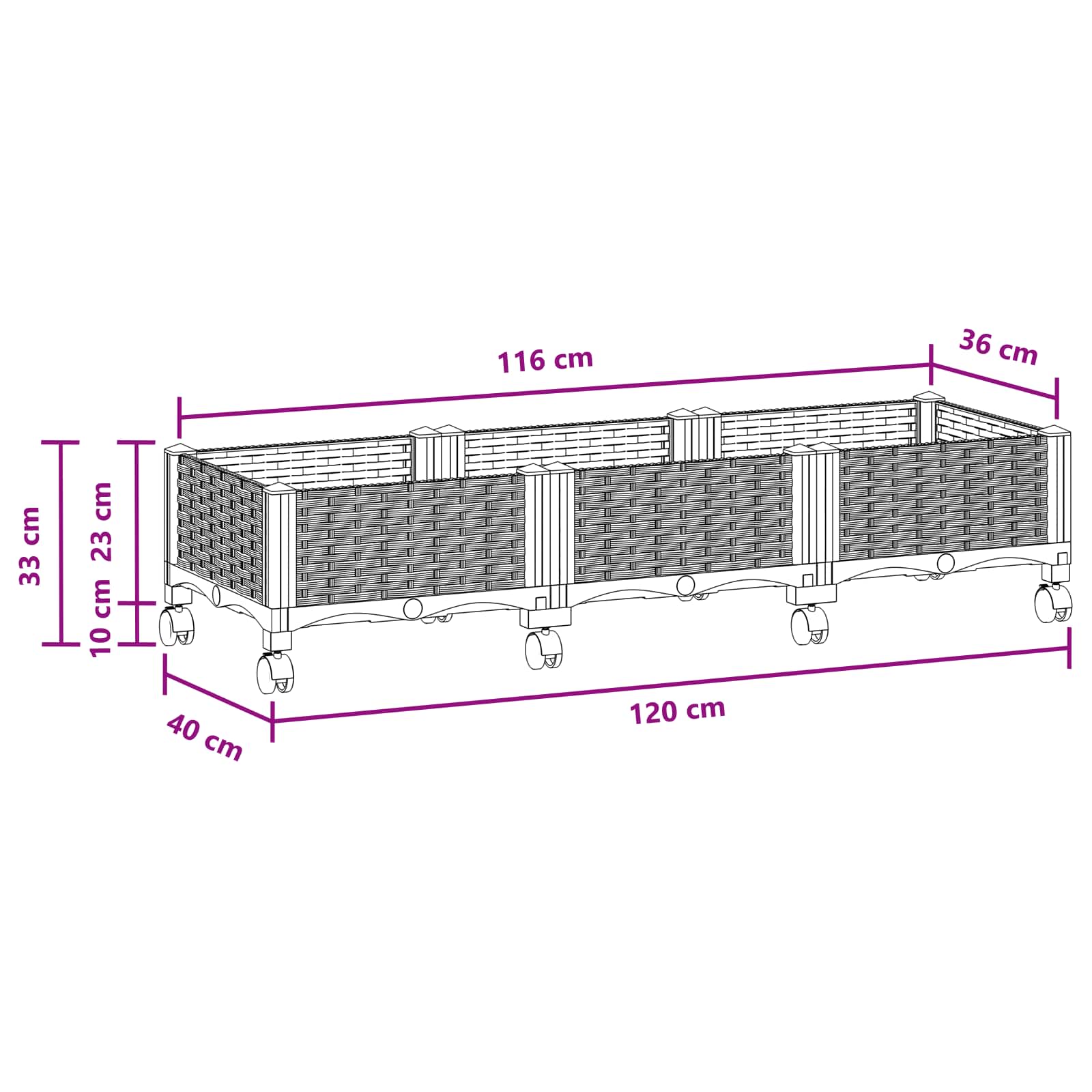Vaso da Giardino con Ruote Nero 120 x 40 x 29 cm PP | homemem39