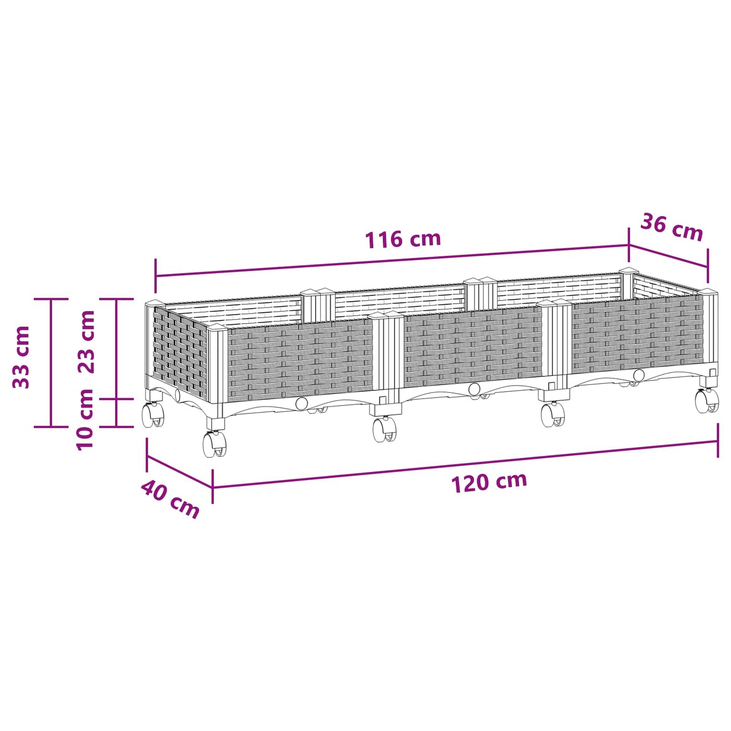 Vaso da Giardino con Ruote Bianco 120 x 40 x 33 cm PP | homemem39