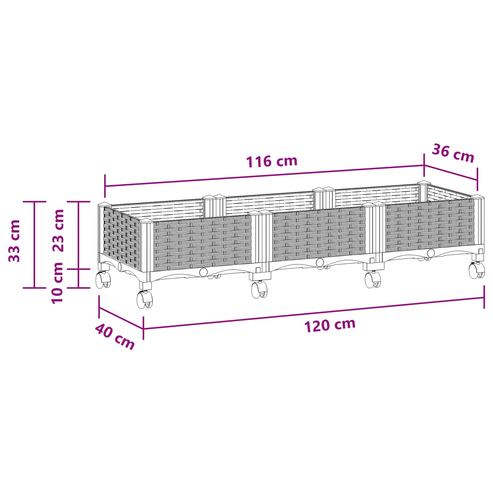 Vaso da Giardino con Ruote Bianco 120 x 40 x 33 cm PP | homemem39