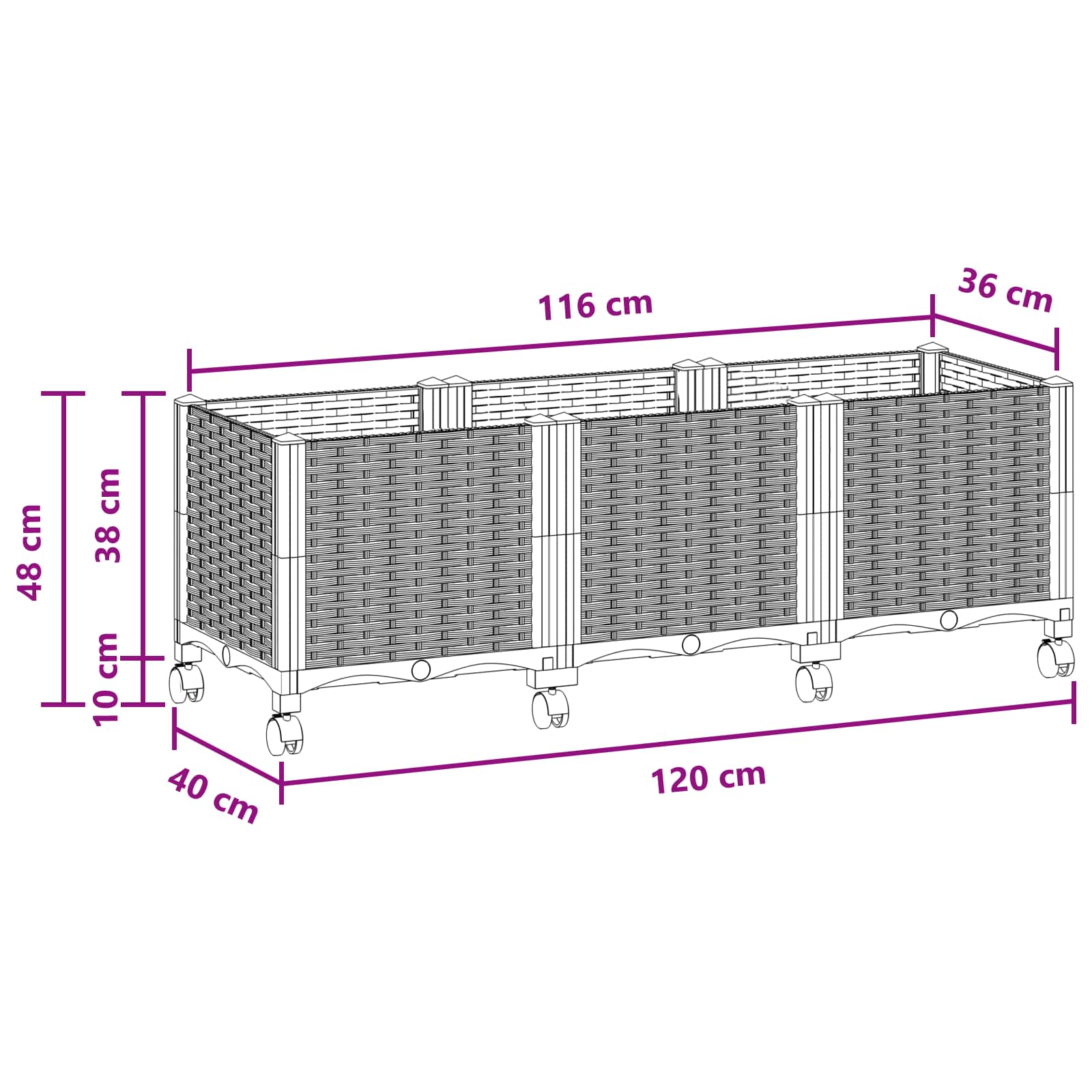 Vaso da Giardino con Ruote Nero 120 x 40 x 44 cm PP | homemem39
