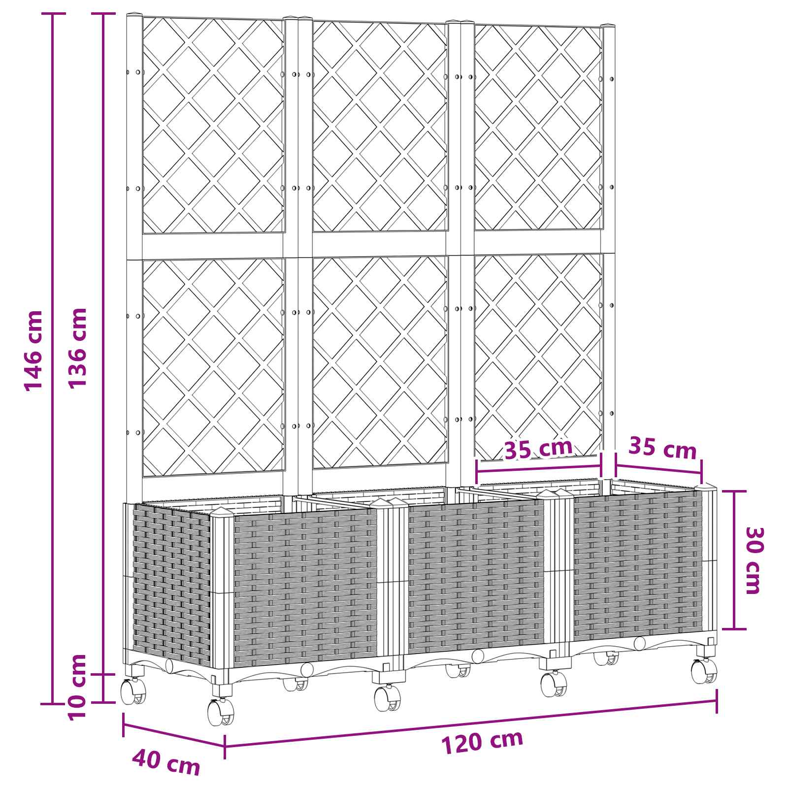 Vaso da giardino con grigliato e ruote Bianco 120 x 40 x 146 cm | homemem39