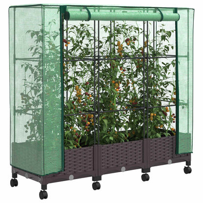 Vaso da Giardino con Copertura per Serra e Ruote 3 pz Marrone | homemem39