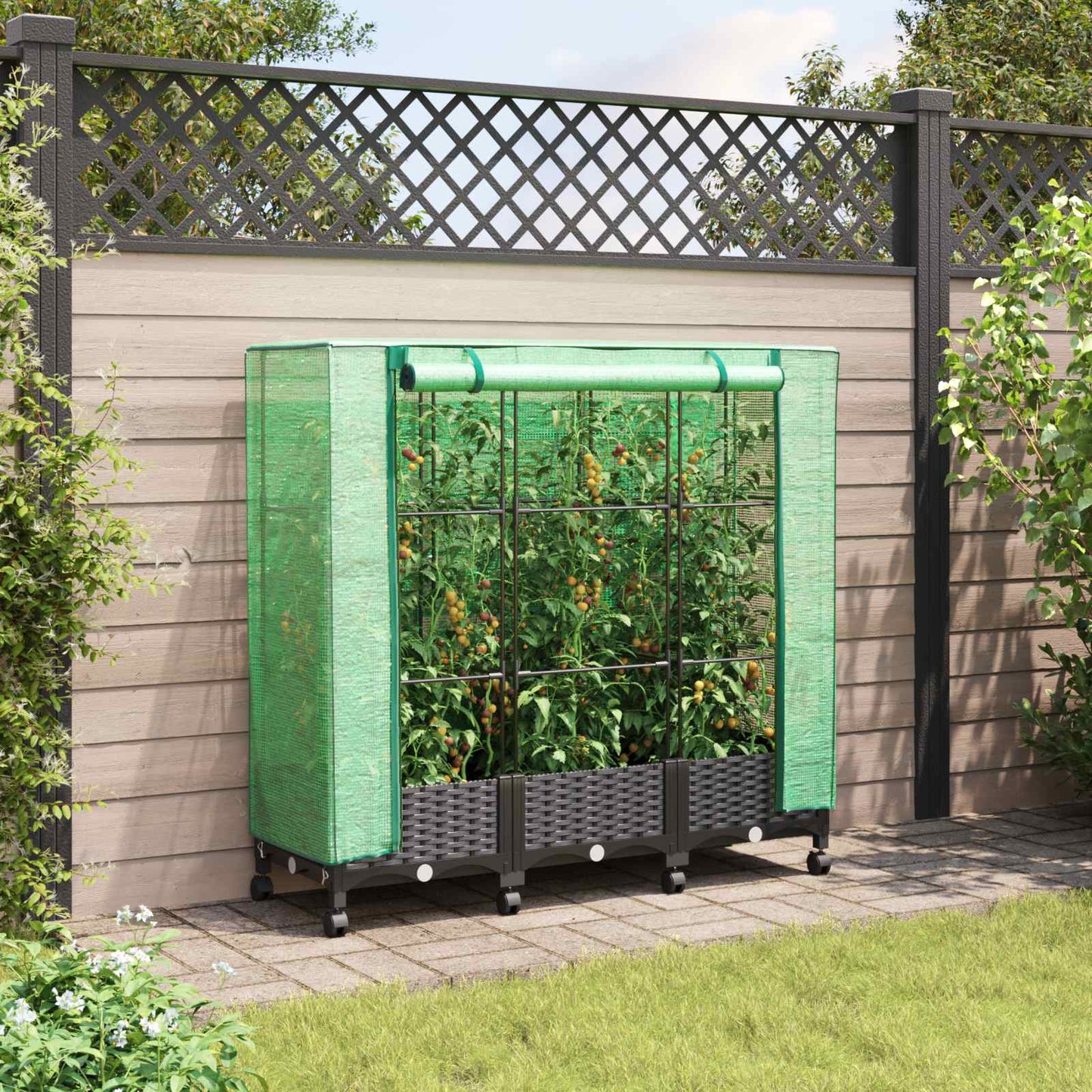 Vaso da Giardino con Copertura per Serra e Ruote 3 pz Nero PP | homemem39