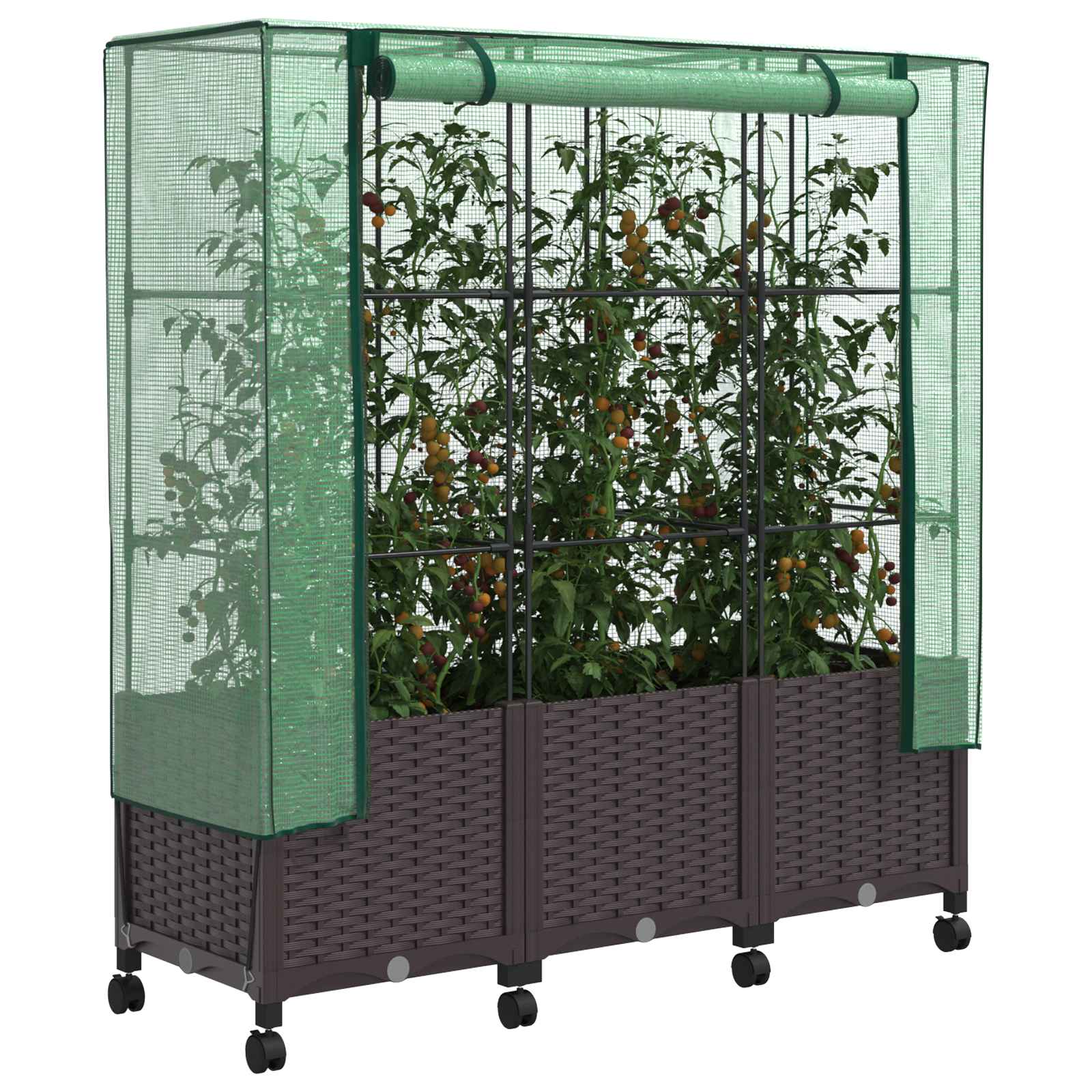 Vaso da Giardino con Copertura per Serra e Ruote 3 pz Marrone | homemem39