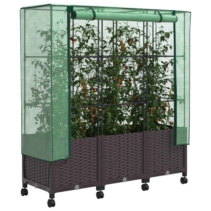 Vaso da Giardino con Copertura per Serra e Ruote 3 pz Marrone | homemem39