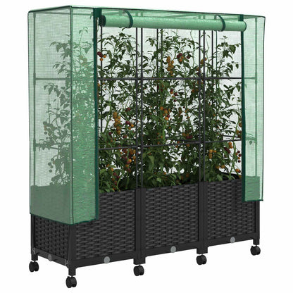 Vaso da Giardino con Copertura per Serra e Ruote 3 pz Nero PP | homemem39