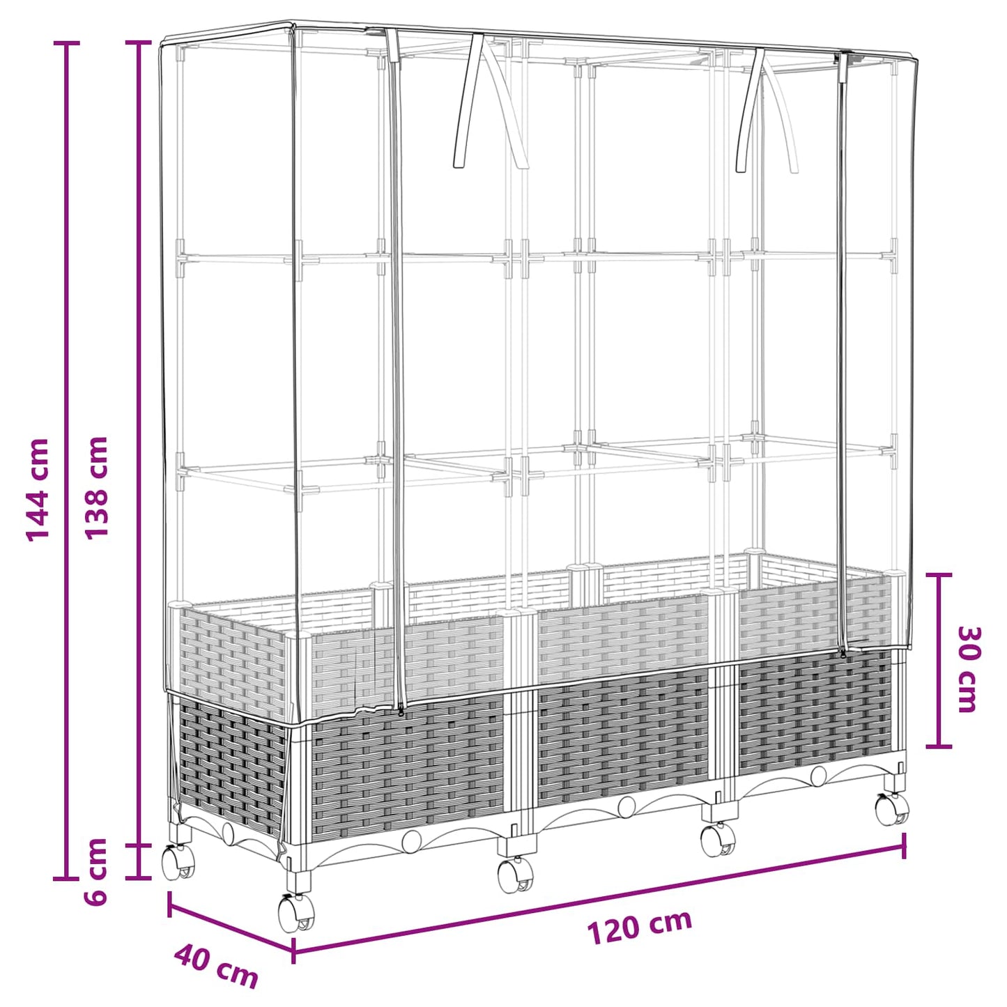 Vaso da Giardino con Copertura per Serra e Ruote 3 pz Nero PP | homemem39
