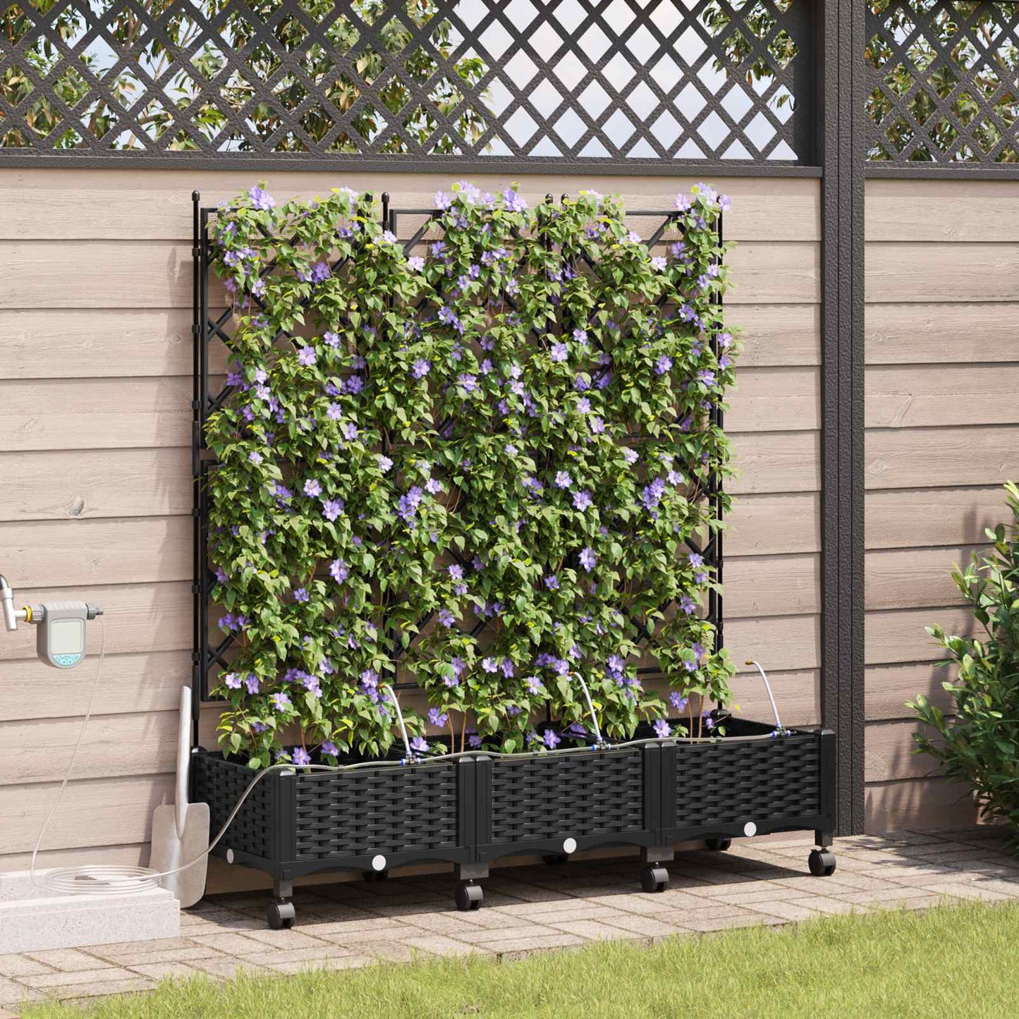 Vaso da Giardino con Irrigazione e Ruote 3 pz Nero PP