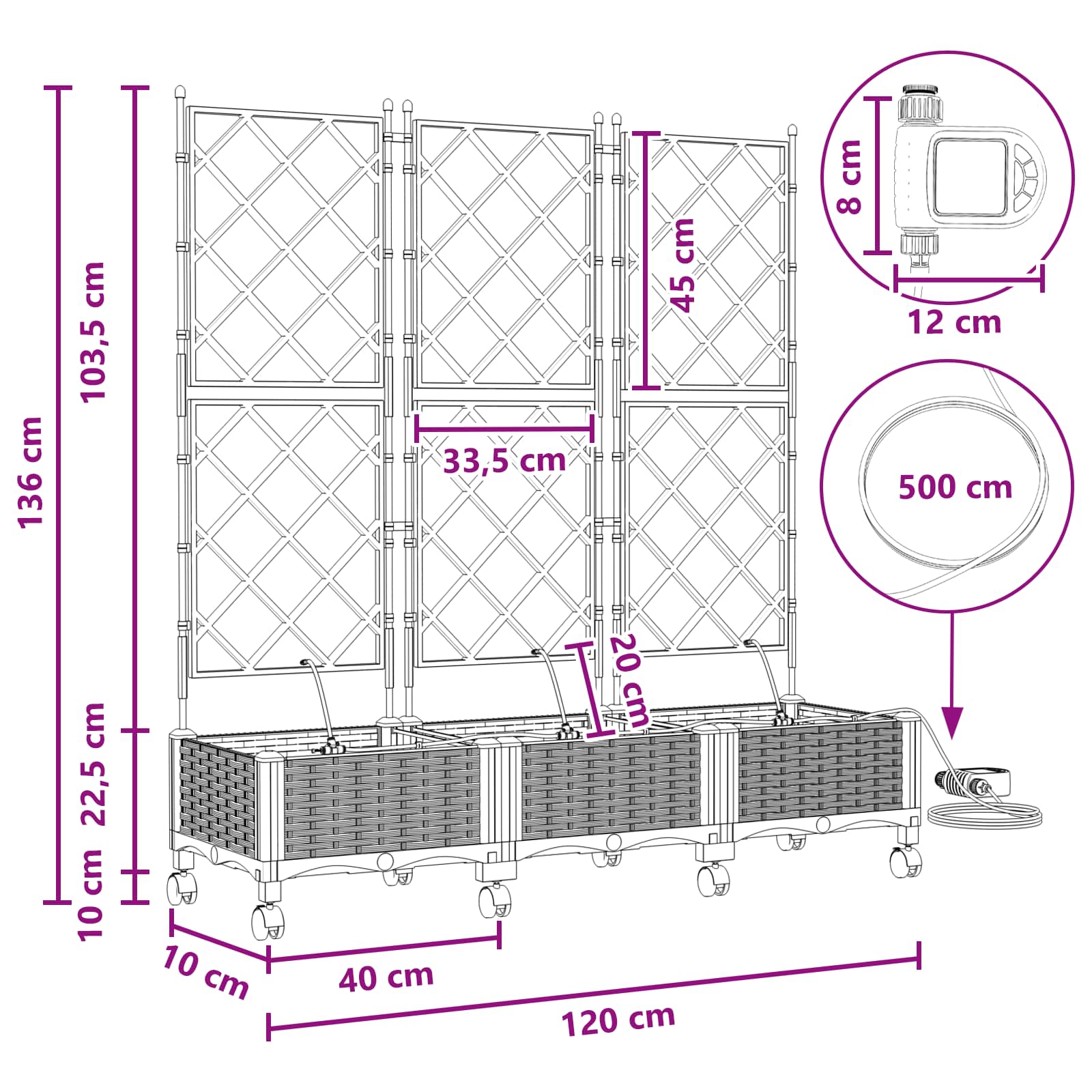 Vaso da Giardino con Irrigazione e Ruote 3 pz Nero PP | homemem39