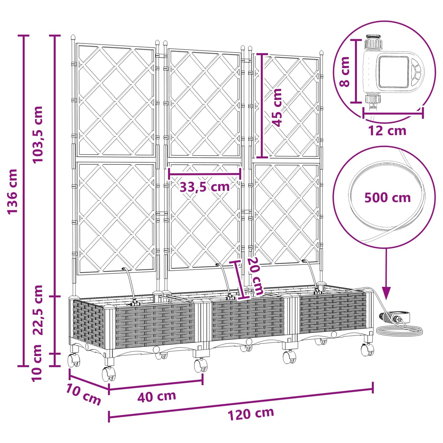 Vaso da Giardino con Irrigazione e Ruote 3 pz Bianco PP | homemem39