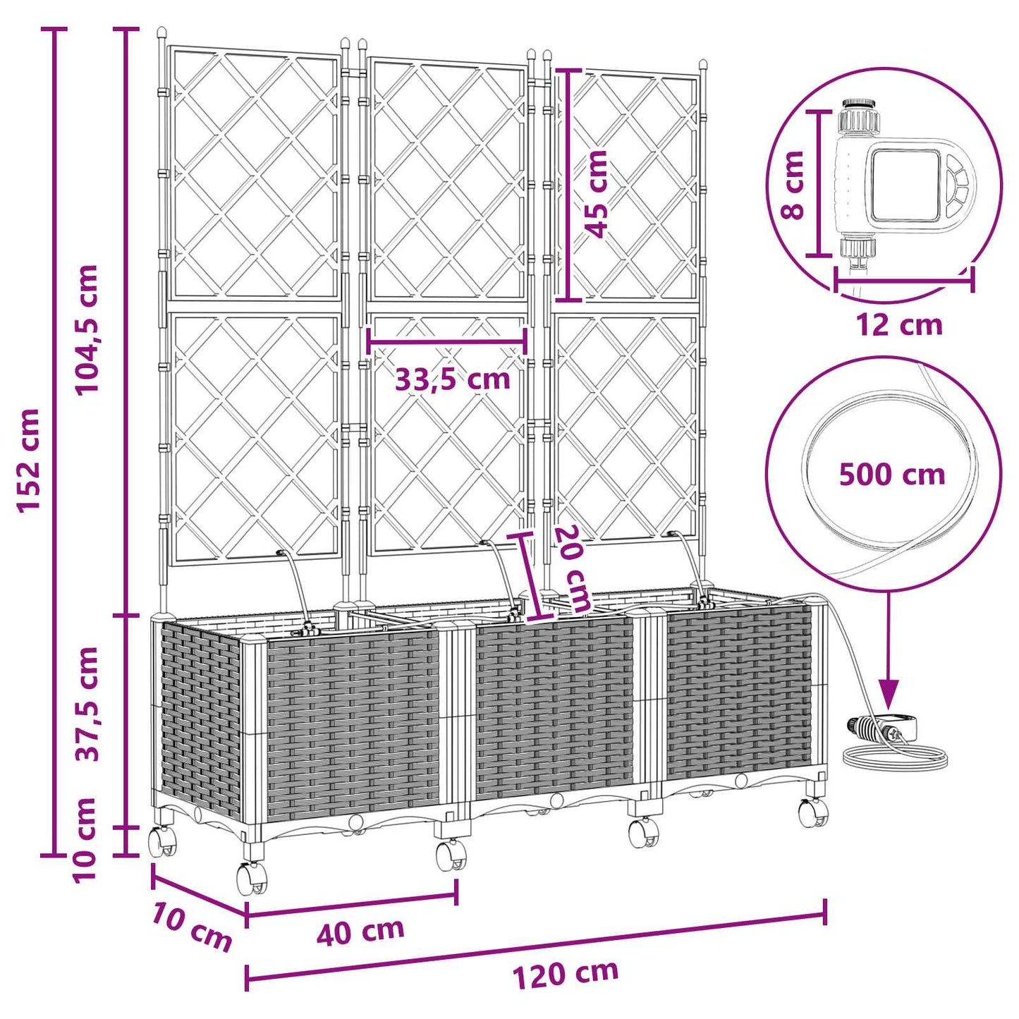 Vaso da Giardino con Irrigazione e Ruote 3 pz Grigio Chiaro PP | homemem39