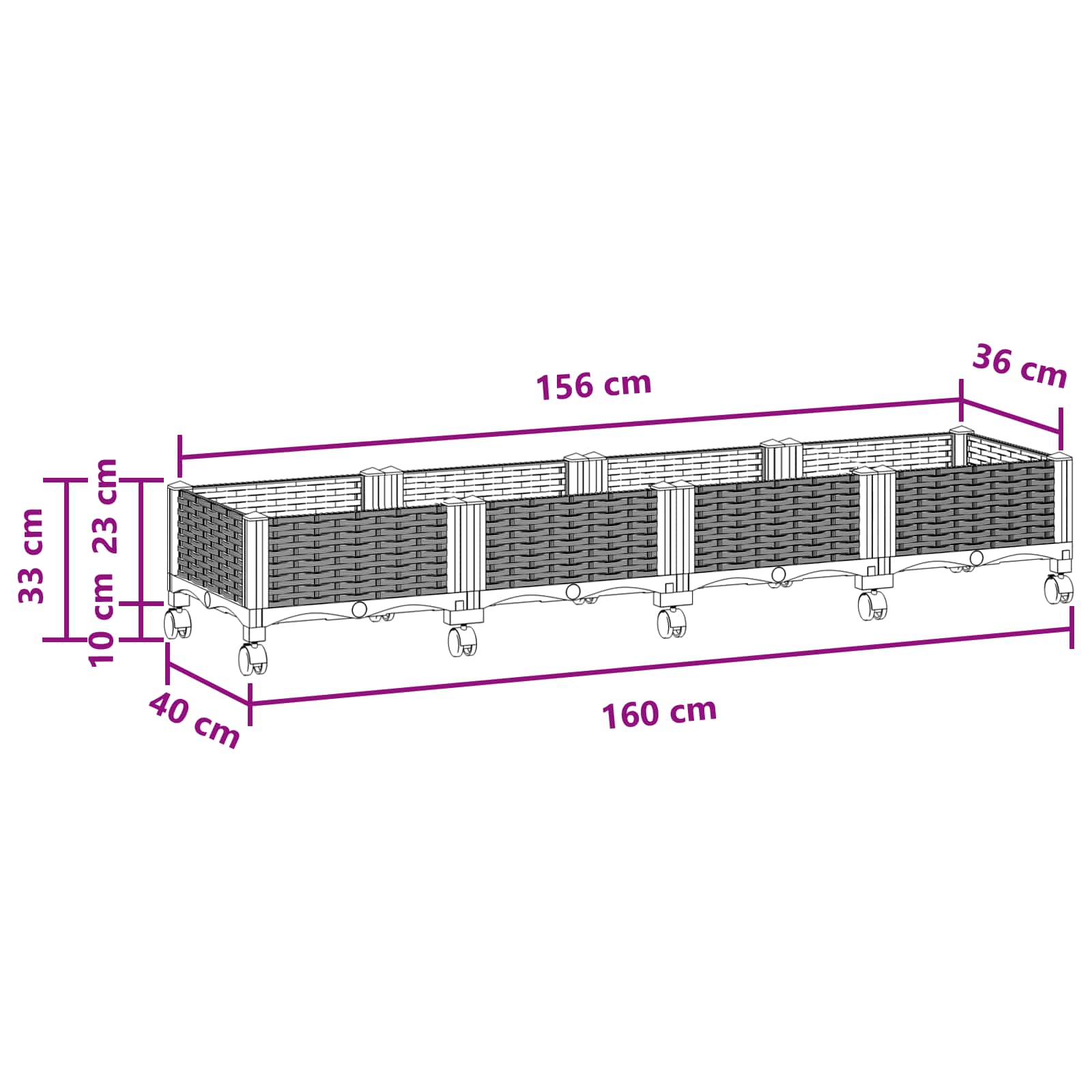 Vaso da Giardino con Ruote Nero 160 x 40 x 29 cm PP | homemem39