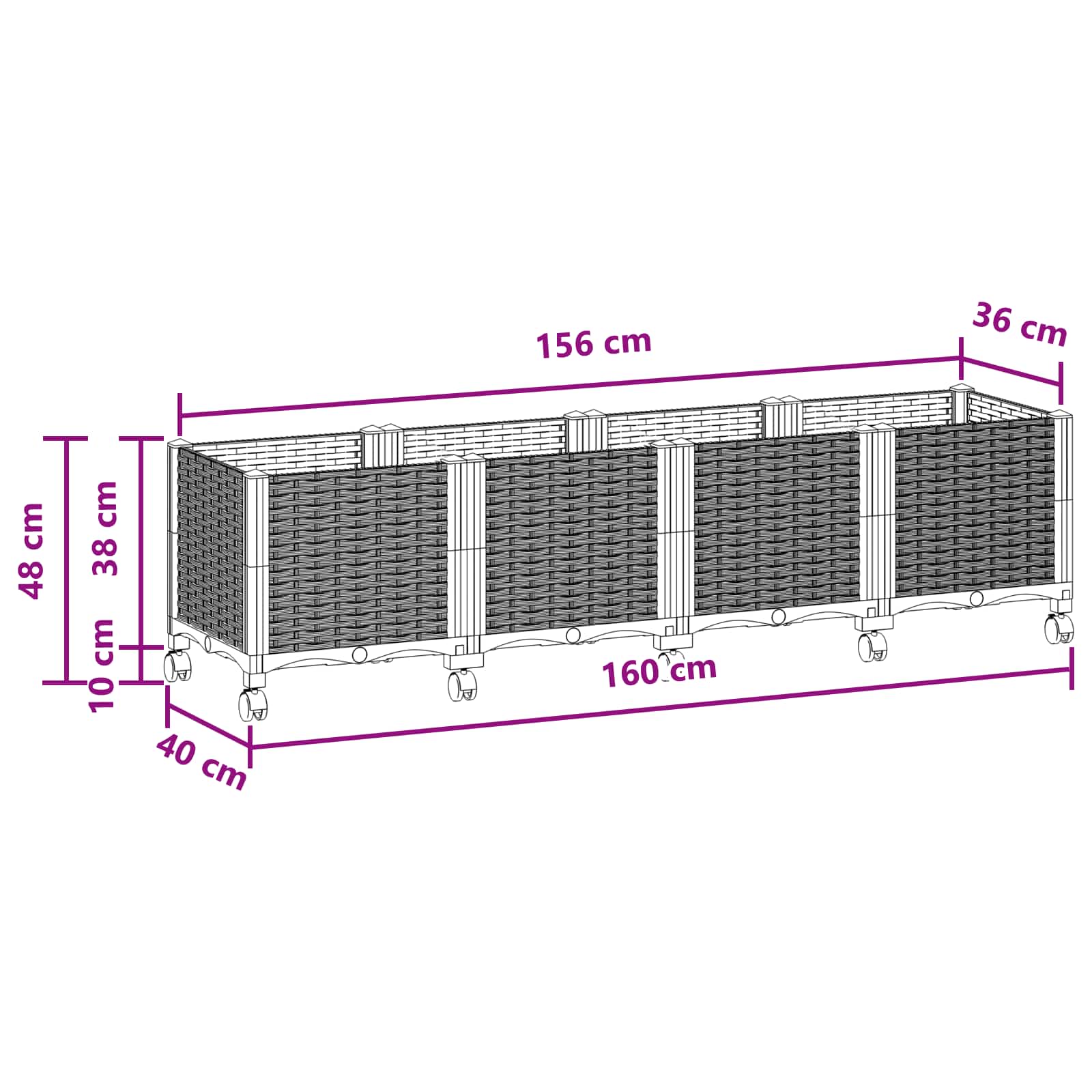 Vaso da Giardino con Ruote Nero 160 x 40 x 44 cm PP | homemem39