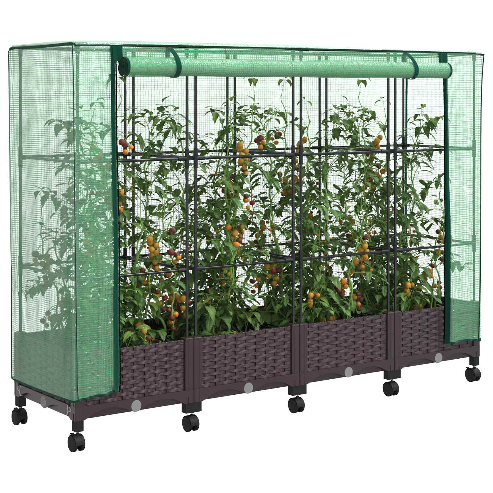 Vaso da Giardino con Copertura per Serra e Ruote 4 pz Marrone | homemem39
