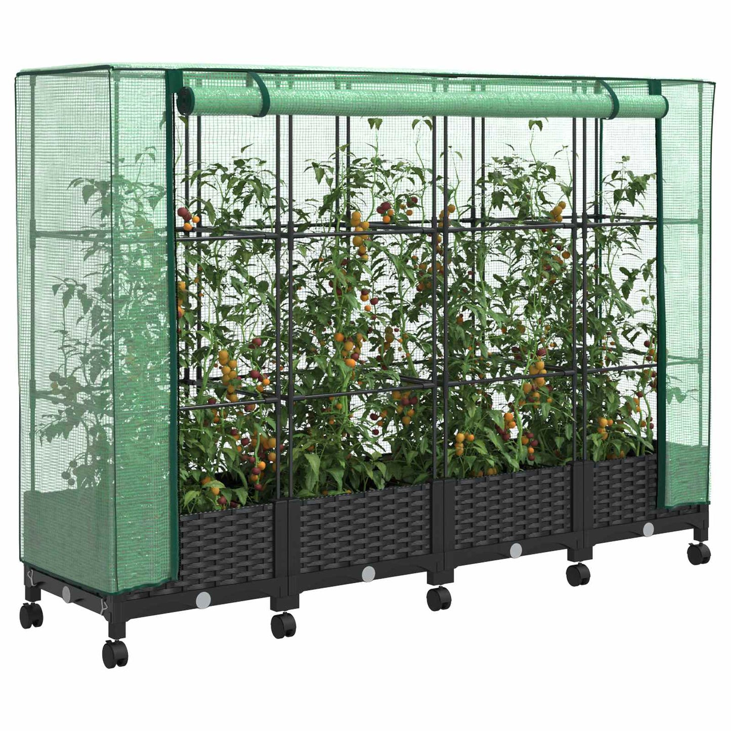 Vaso da Giardino con Copertura per Serra e Ruote 4 pz Nero PP | homemem39