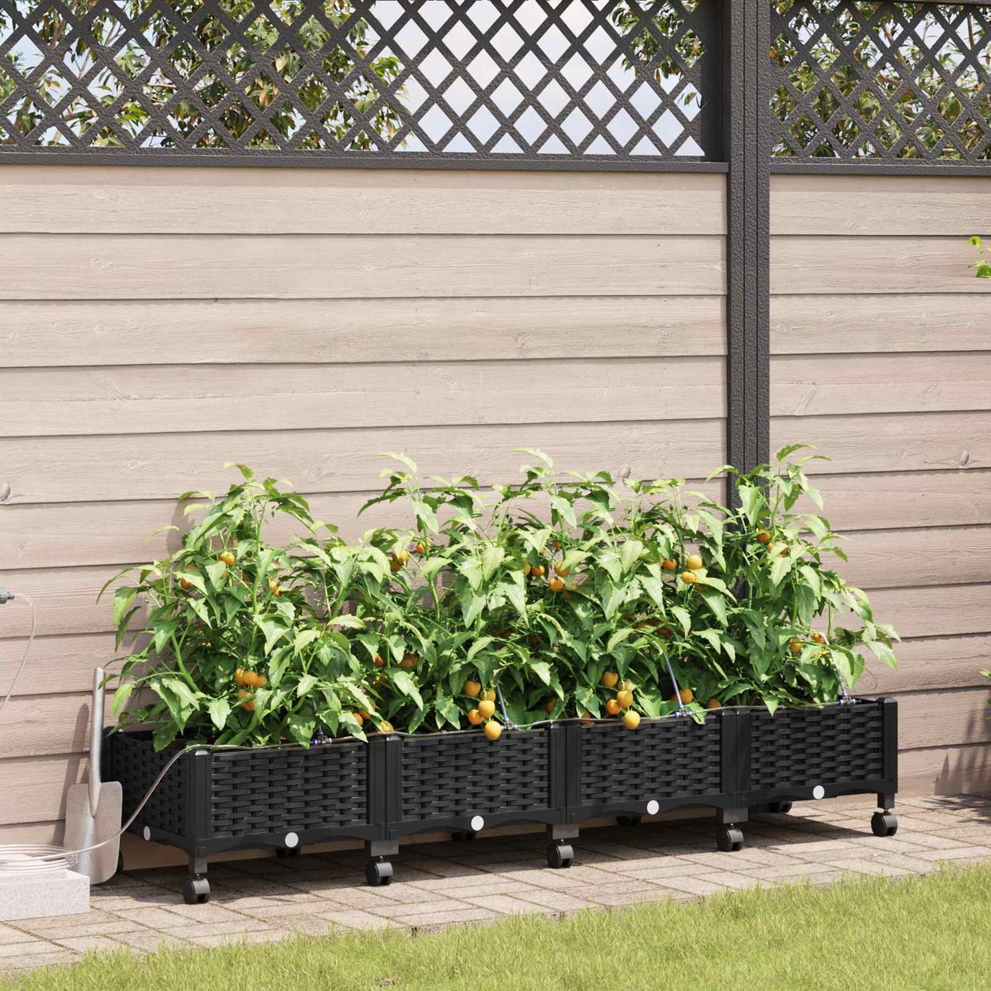 Vaso da Giardino con Irrigazione e Ruote 4 pz Nero PP | homemem39