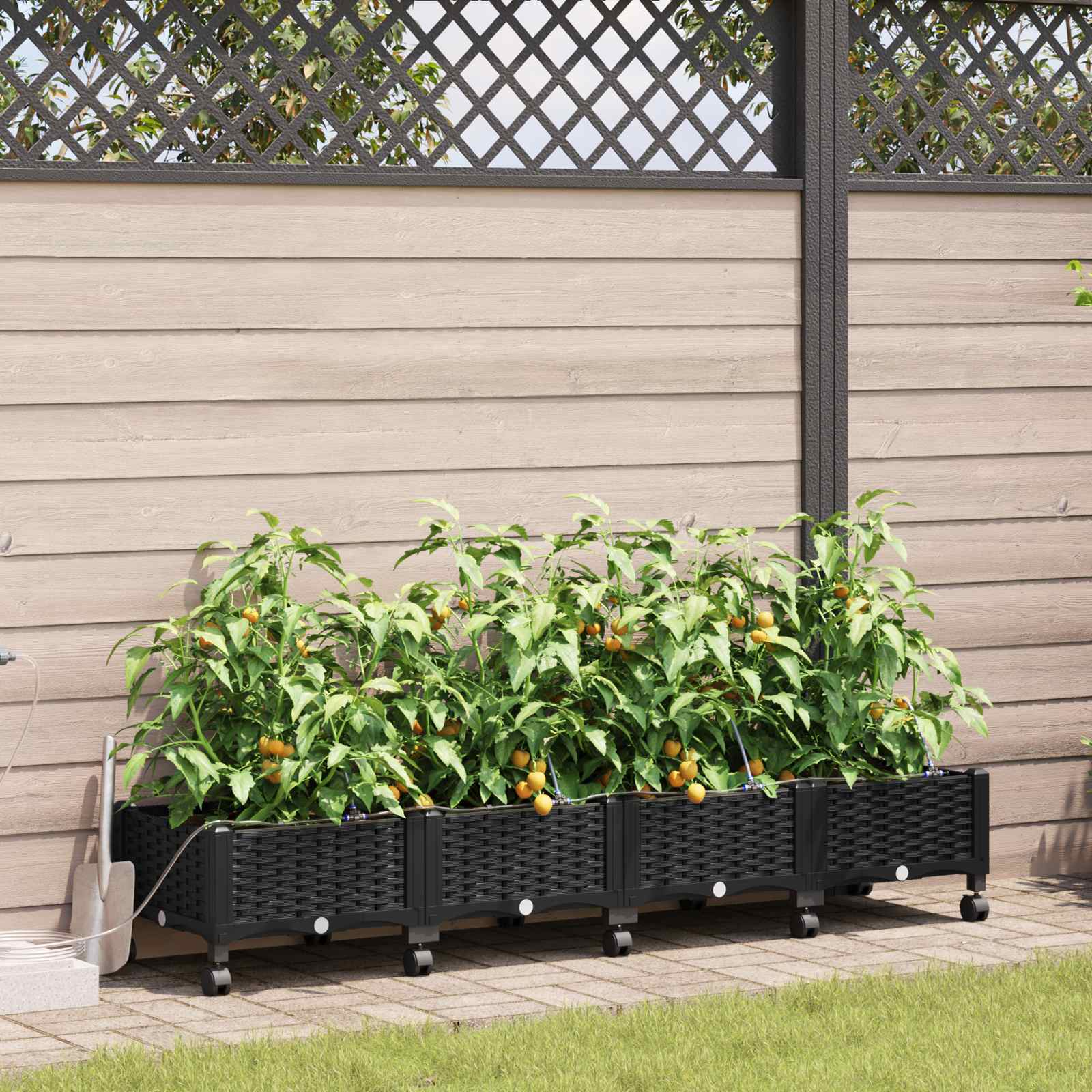 Vaso da Giardino con Irrigazione e Ruote 4 pz Nero PP | homemem39