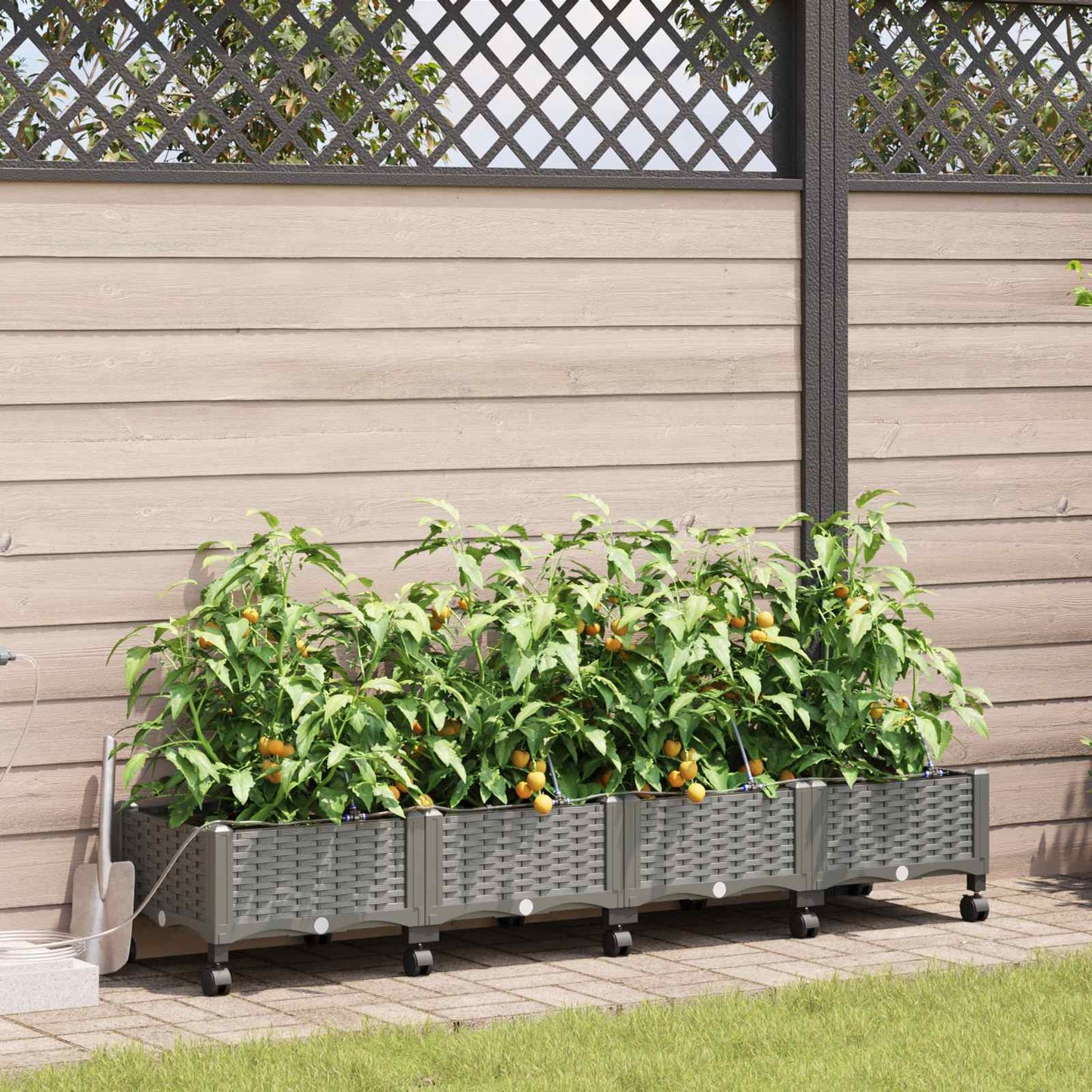 Vaso da Giardino con Irrigazione e Ruote 4 pz Grigio Chiaro PP | homemem39