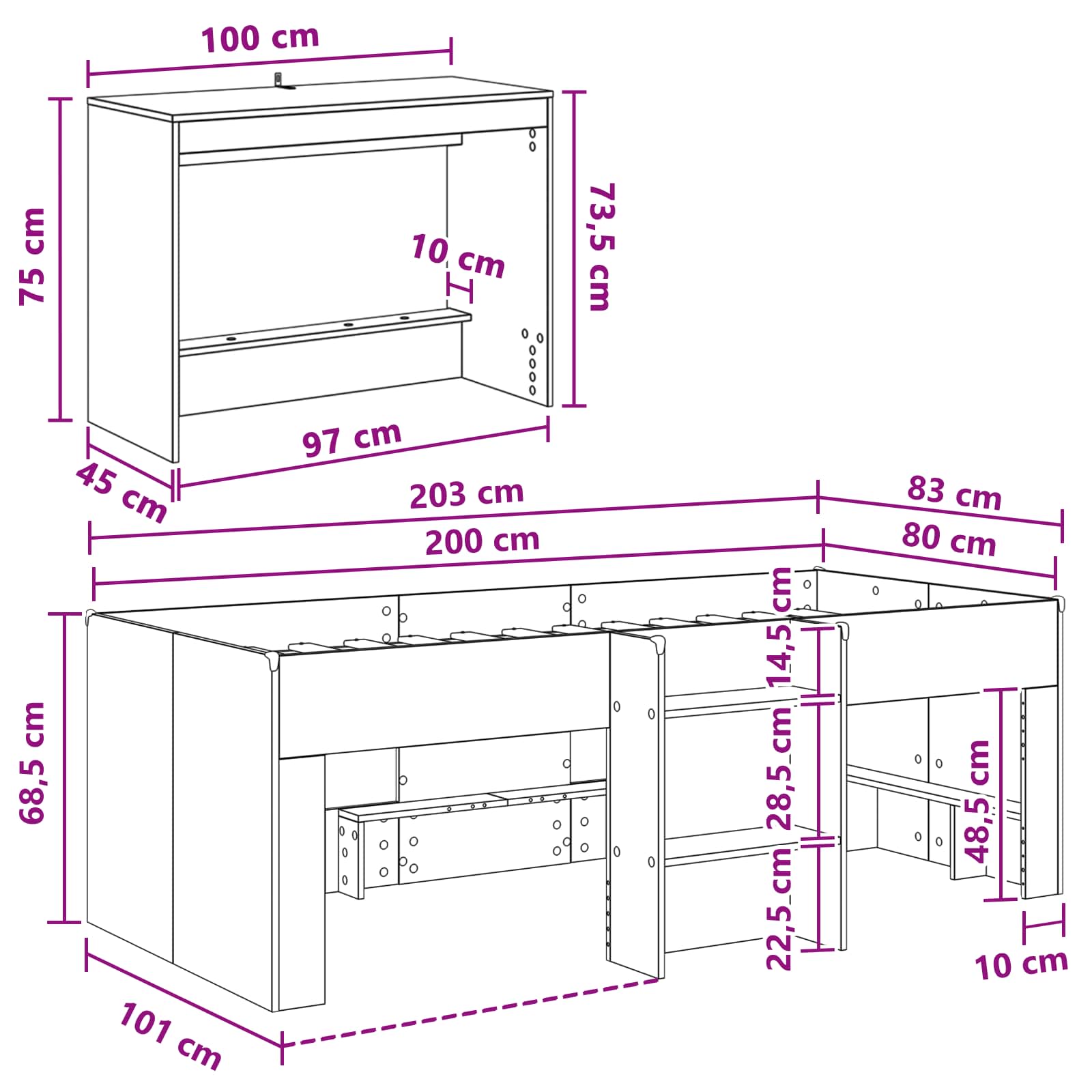 Letto alto per bambini con scrivania 2 pz Grigio Cemento | homemem39