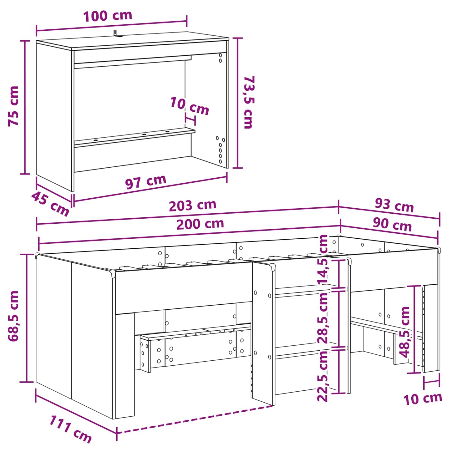 Struttura del Letto con Scrivania 2 pz Rovere Artigianale | homemem39