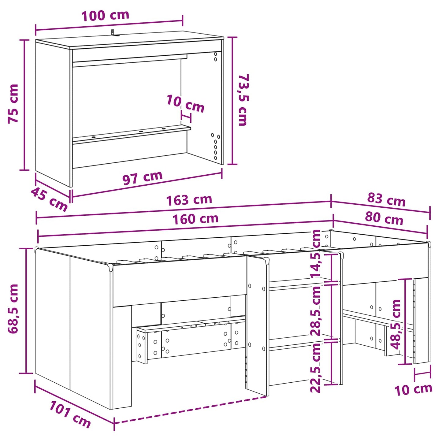 Letto alto per bambini con scrivania 2 pz Rovere Nero | homemem39