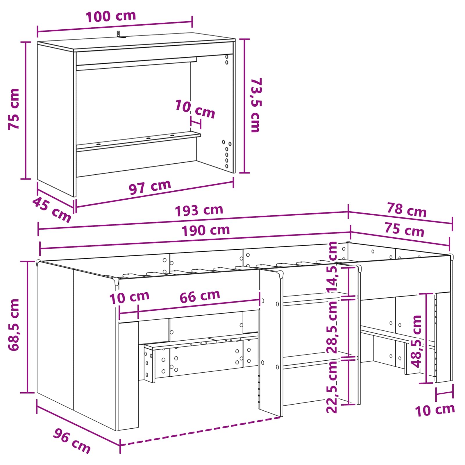 Letto alto per bambini con scrivania 2 pz Bianco | homemem39