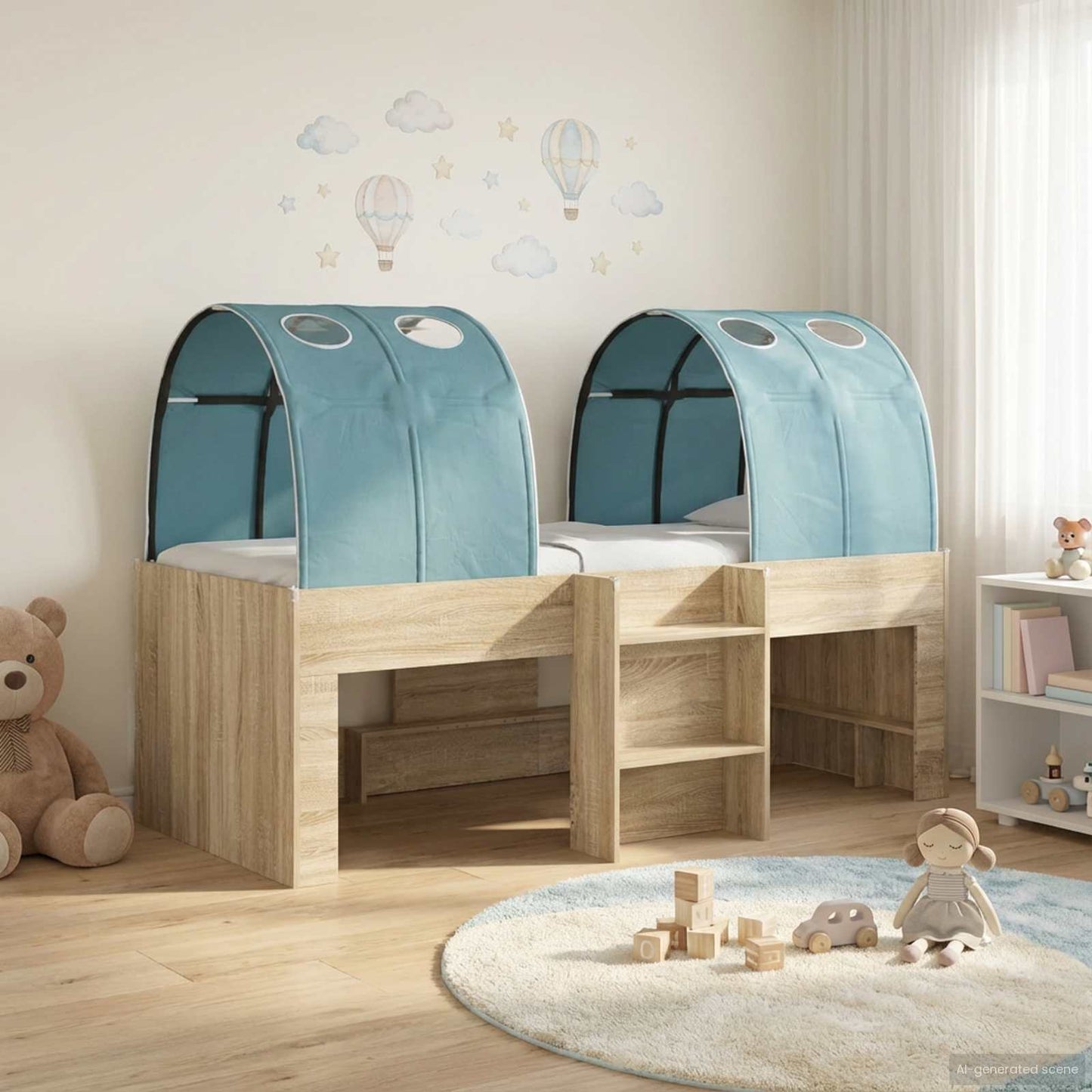 Letto Alto per Bambini con Tunnel 3 pz Rovere Sonoma e Azzurro | homemem39