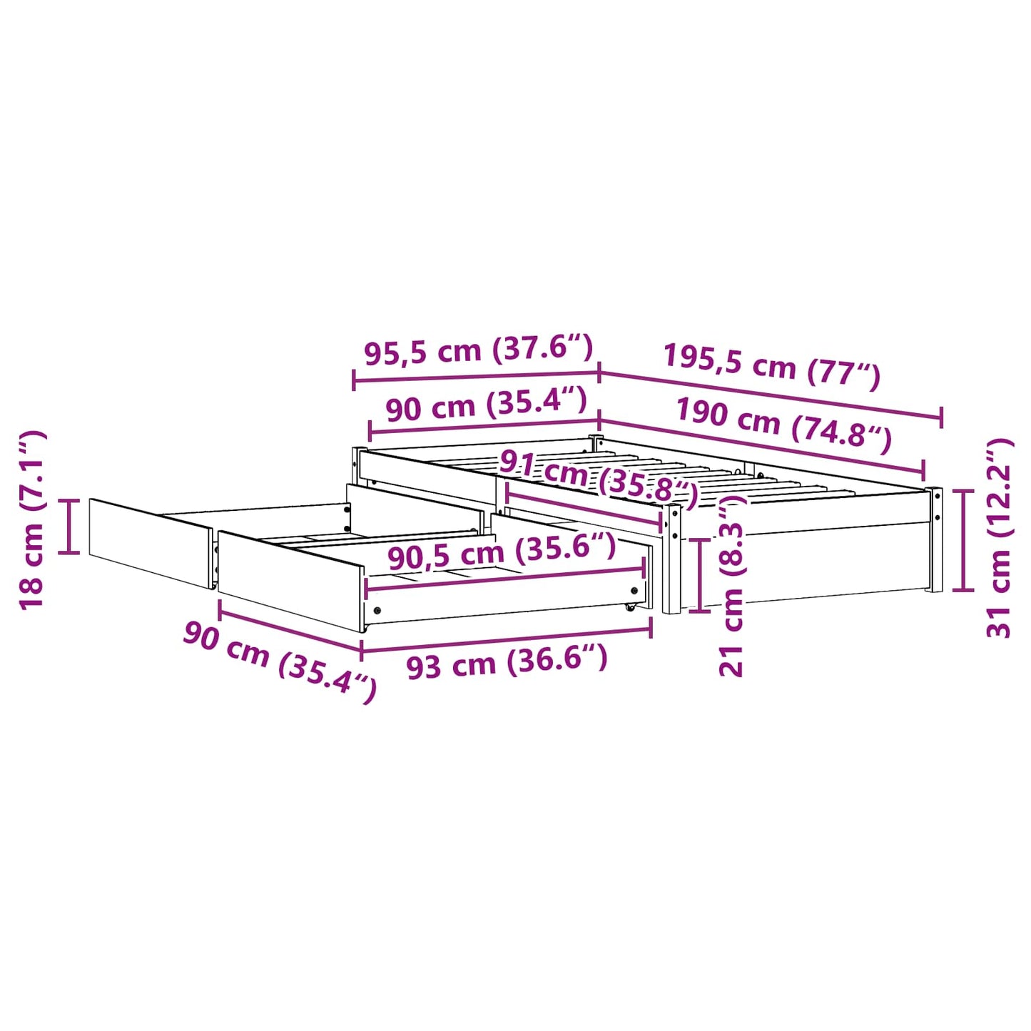 Struttura del letto 3 pcs Marrone cerato Legno di pino | homemem39