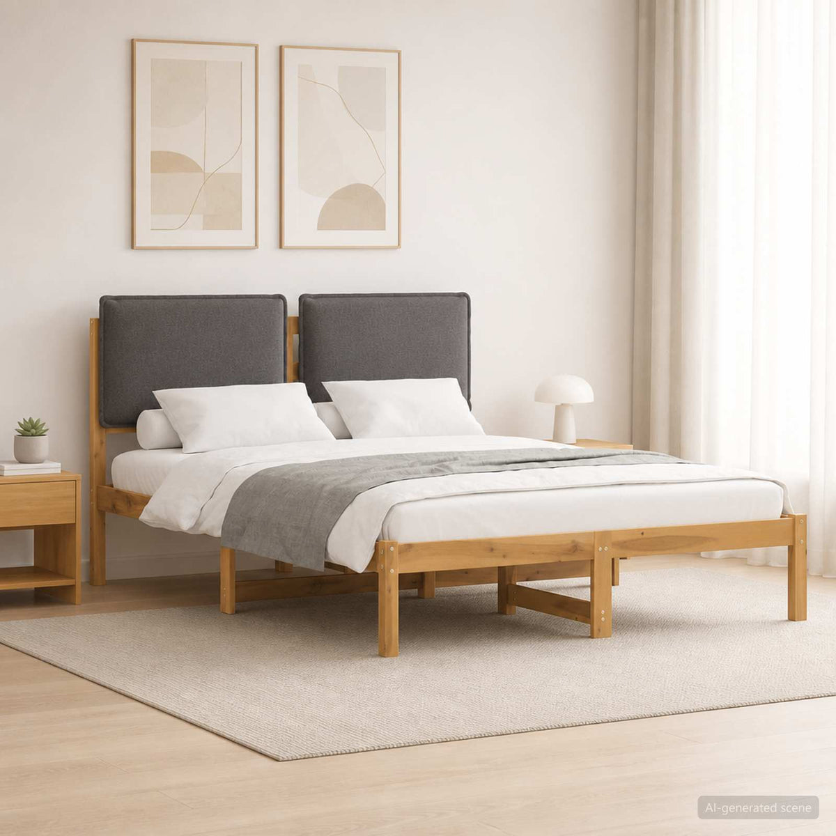 Letto con Testiera Rivestita Bianco lavato e grigio chiaro