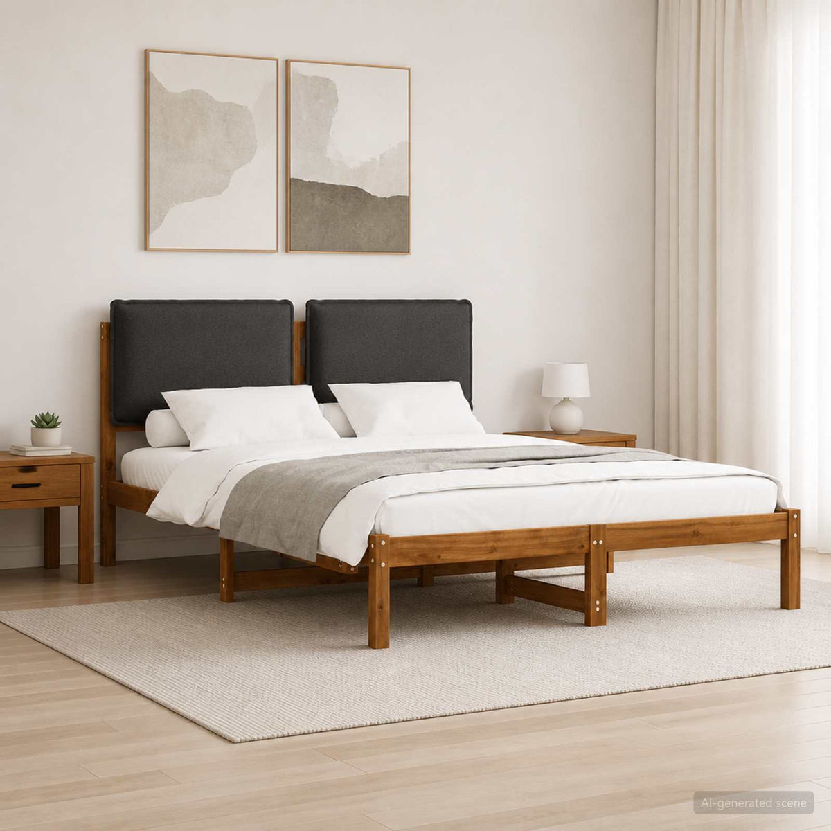 Letto con Testiera Rivestita Naturale e Grigio Scuro | homemem39