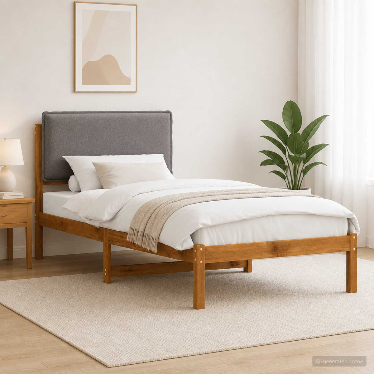 Letto con Testiera Rivestita Naturale e Grigio Chiaro | homemem39