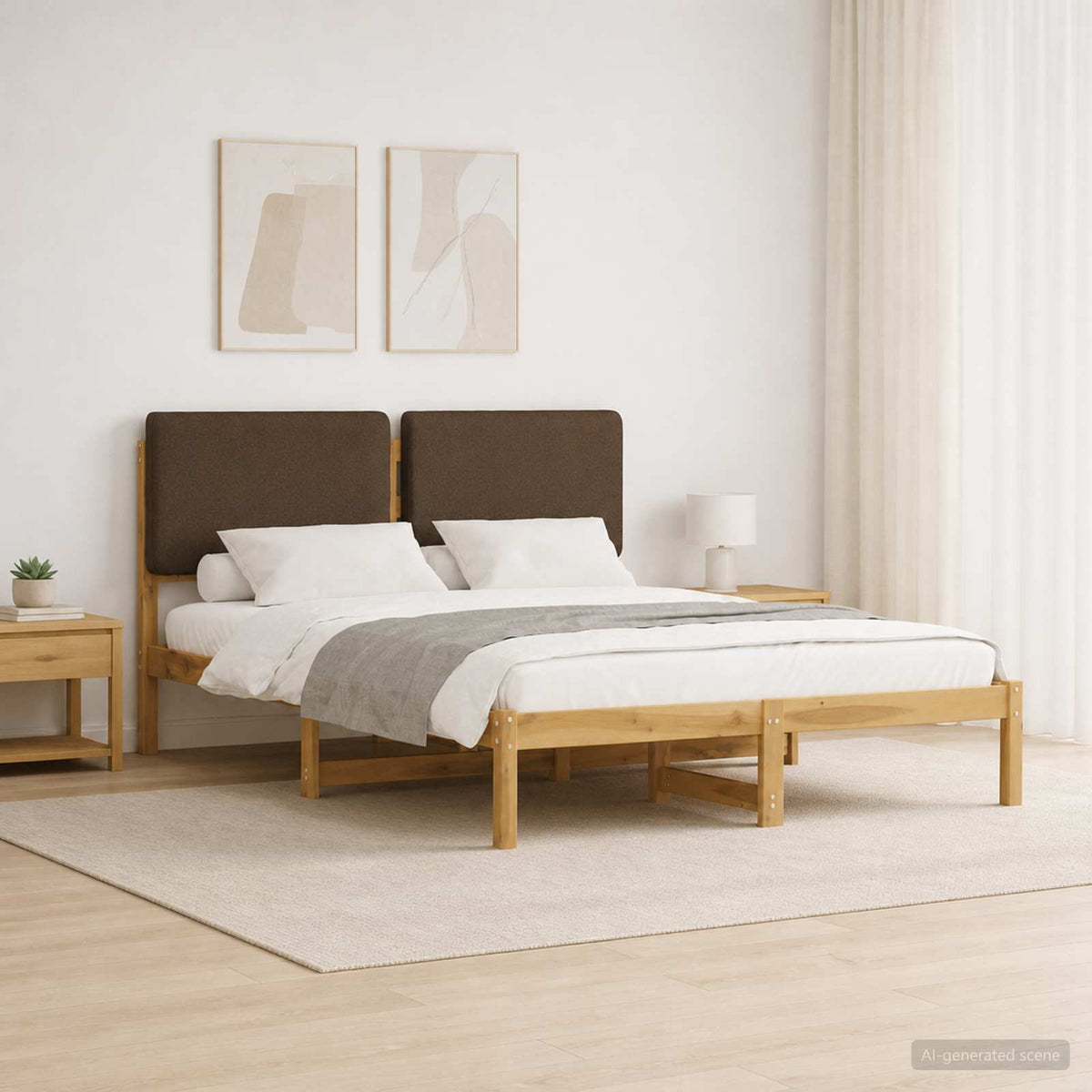 Letto con Testiera Rivestita Bianco lavato e taupe 135 x 190 cm