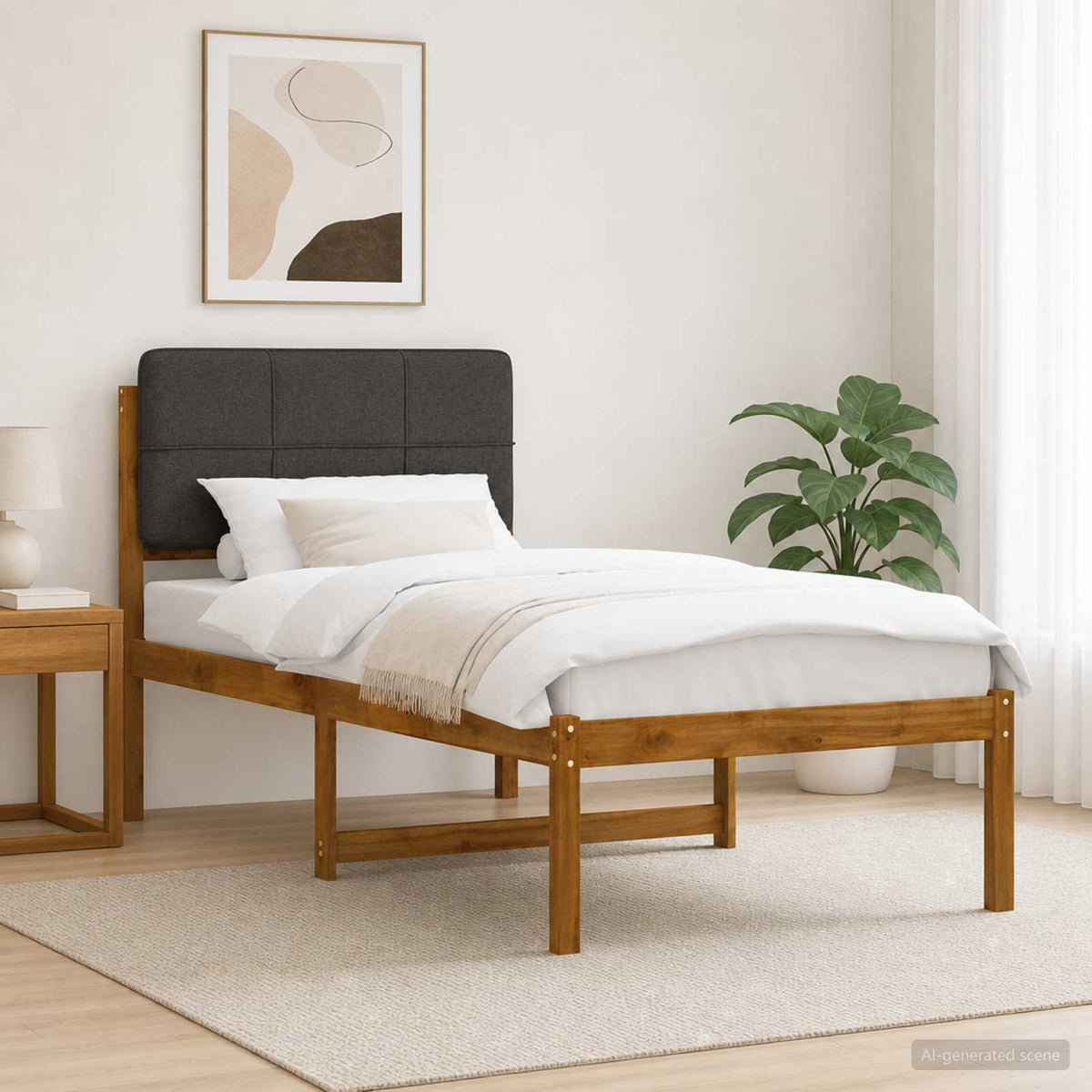 Letto con Testiera Rivestita Naturale e Grigio Scuro | homemem39