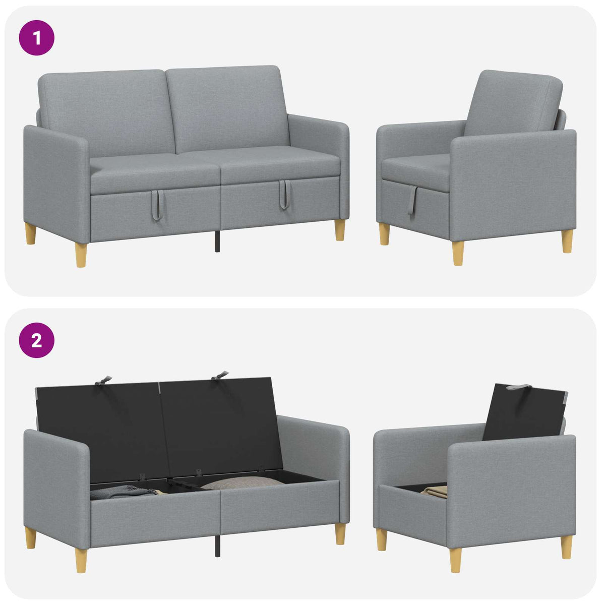 Set di Divani con Storage 2 pz Grigio Chiaro Poliestere