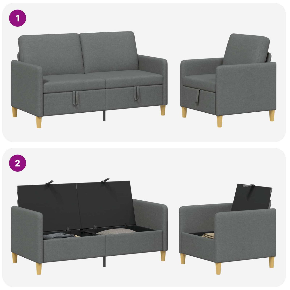 Set di Divani con Storage 2 pz Grigio Scuro Poliestere