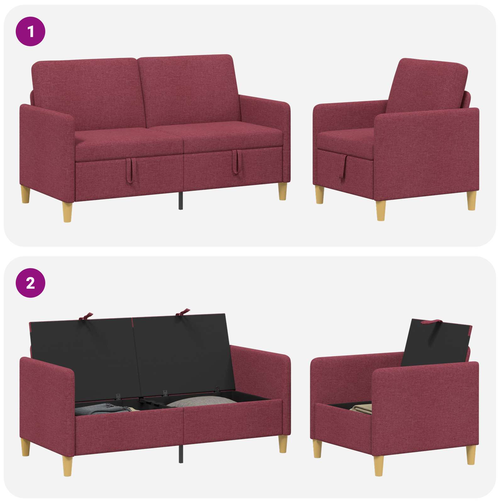 Set di Divani con Storage 2 pcs Rosso Vino Poliestere | homemem39