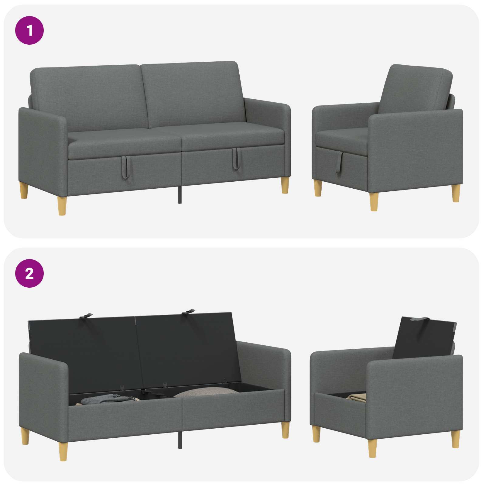 Set di Divani con Storage 2 pcs Grigio Scuro Poliestere | homemem39